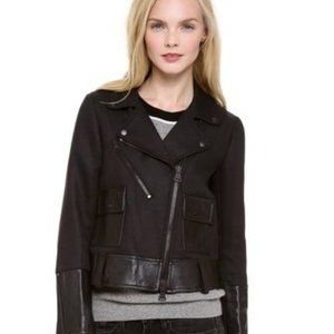 Club Monaco Rory Motocycle Jacket in Soot Black Wool with Leather Details sz 4